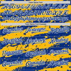 Custom Gold Royal-White Splash 3D Pattern Design Bomber Full-Snap Varsity Letterman Hoodie Jacket