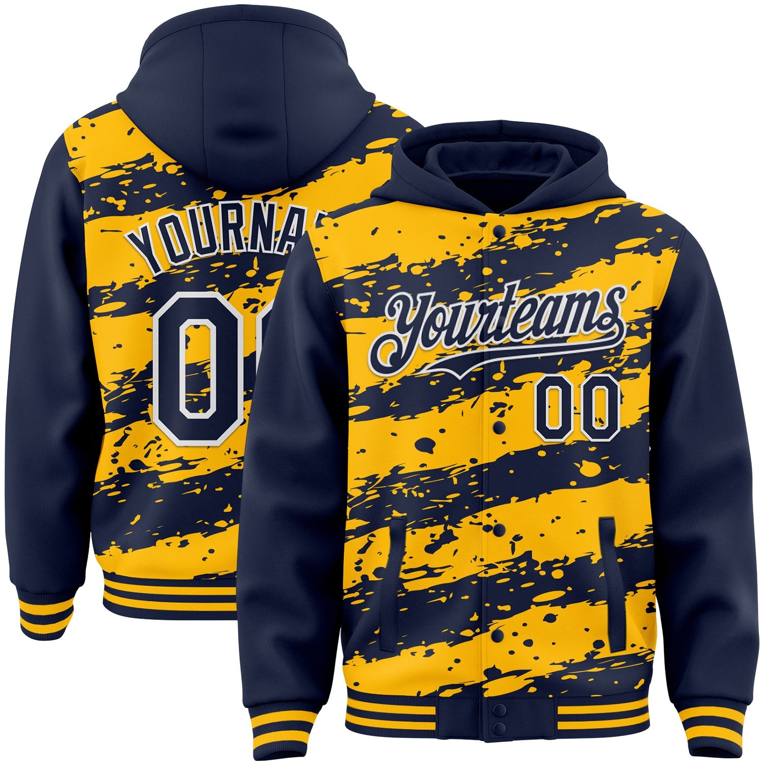 Custom Gold Navy-White Splash 3D Pattern Design Bomber Full-Snap Varsity Letterman Hoodie Jacket