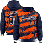 Custom Orange Navy-White Splash 3D Pattern Design Bomber Full-Snap Varsity Letterman Hoodie Jacket