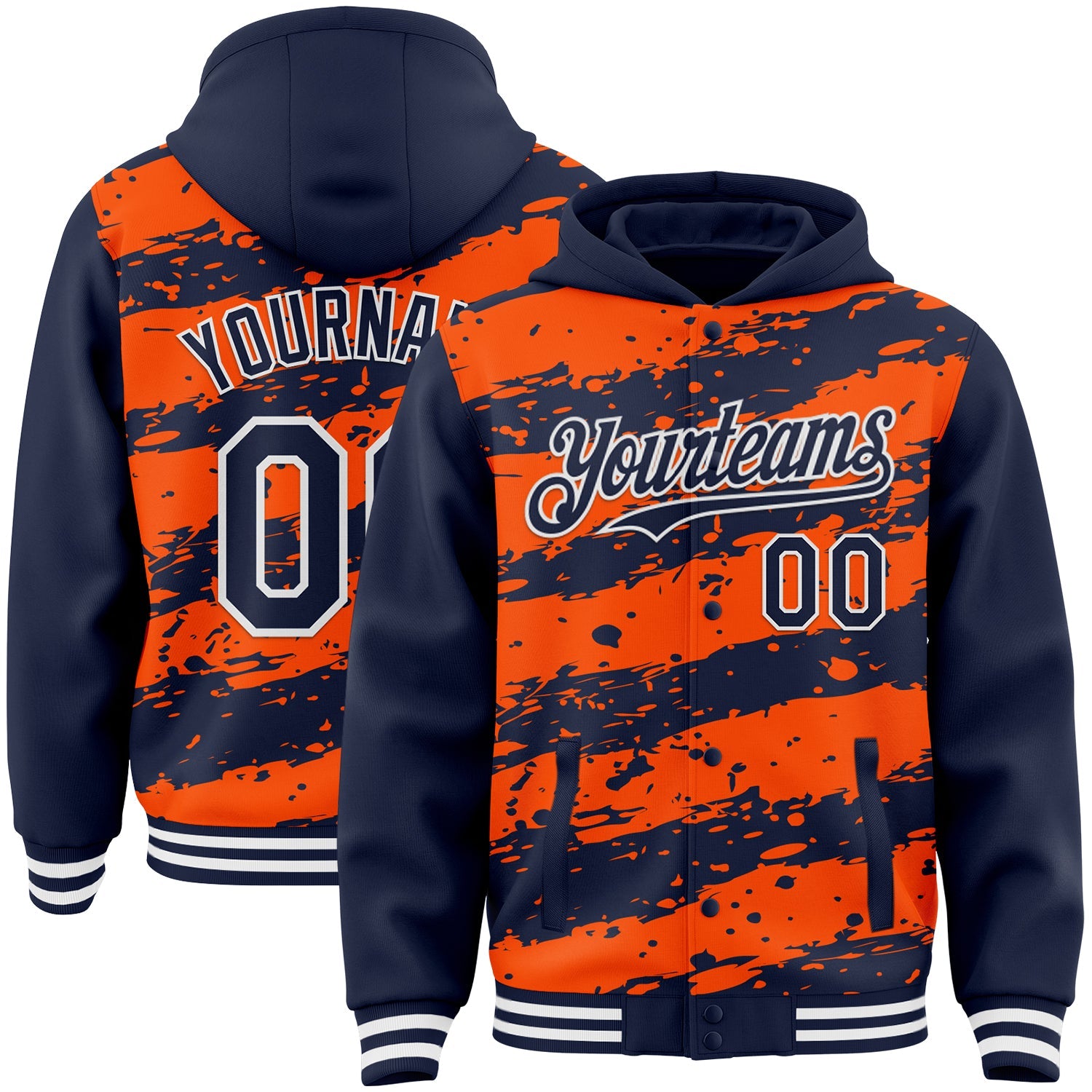 Custom Orange Navy-White Splash 3D Pattern Design Bomber Full-Snap Varsity Letterman Hoodie Jacket