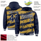 Custom Old Gold Navy-White Splash 3D Pattern Design Bomber Full-Snap Varsity Letterman Hoodie Jacket