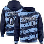 Custom Light Blue Navy-White Splash 3D Pattern Design Bomber Full-Snap Varsity Letterman Hoodie Jacket