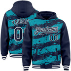 Custom Teal Navy-White Splash 3D Pattern Design Bomber Full-Snap Varsity Letterman Hoodie Jacket