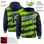 Custom Neon Green Navy-White Splash 3D Pattern Design Bomber Full-Snap Varsity Letterman Hoodie Jacket