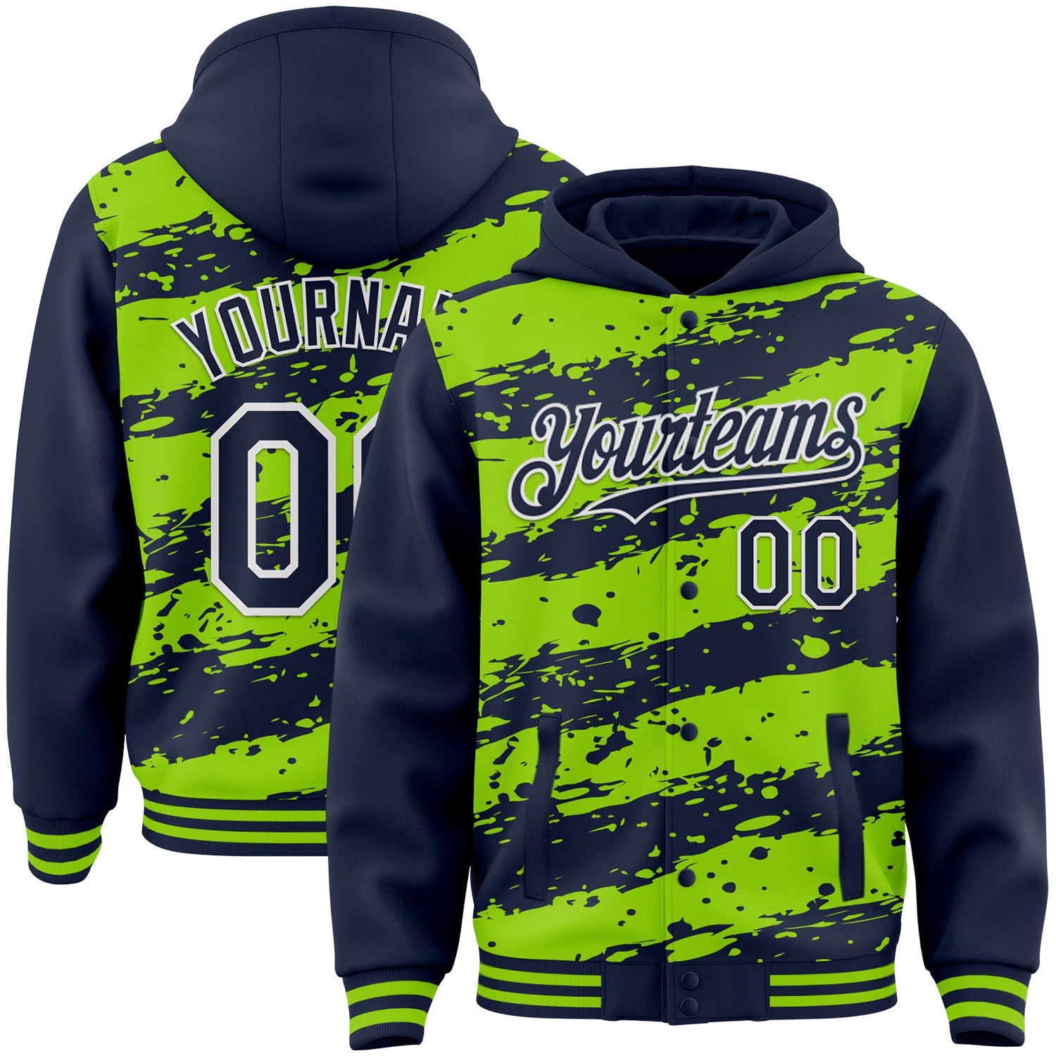 Custom Neon Green Navy-White Splash 3D Pattern Design Bomber Full-Snap Varsity Letterman Hoodie Jacket