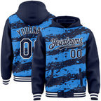 Custom Powder Blue Navy-White Splash 3D Pattern Design Bomber Full-Snap Varsity Letterman Hoodie Jacket