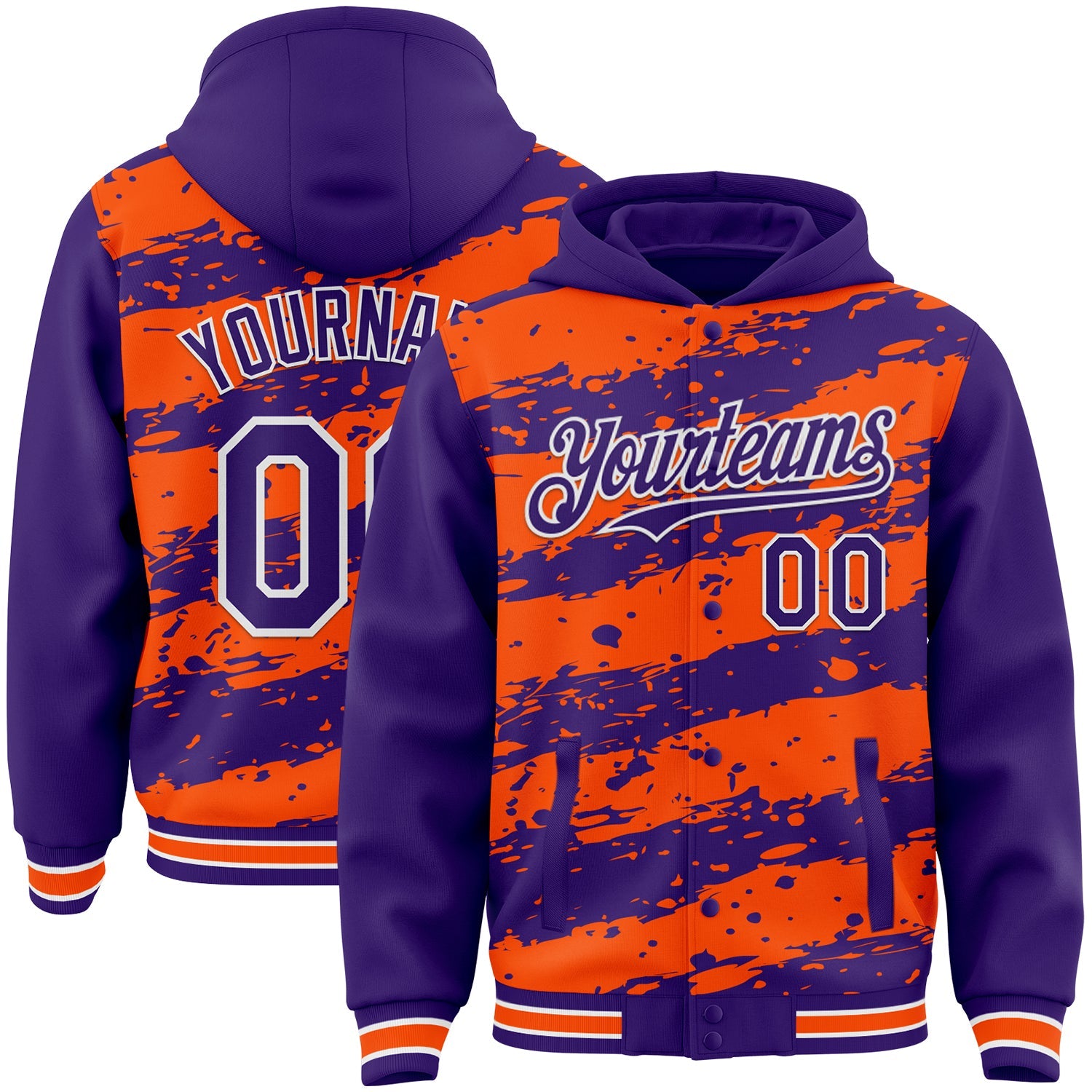 Custom Orange Purple-White Splash 3D Pattern Design Bomber Full-Snap Varsity Letterman Hoodie Jacket