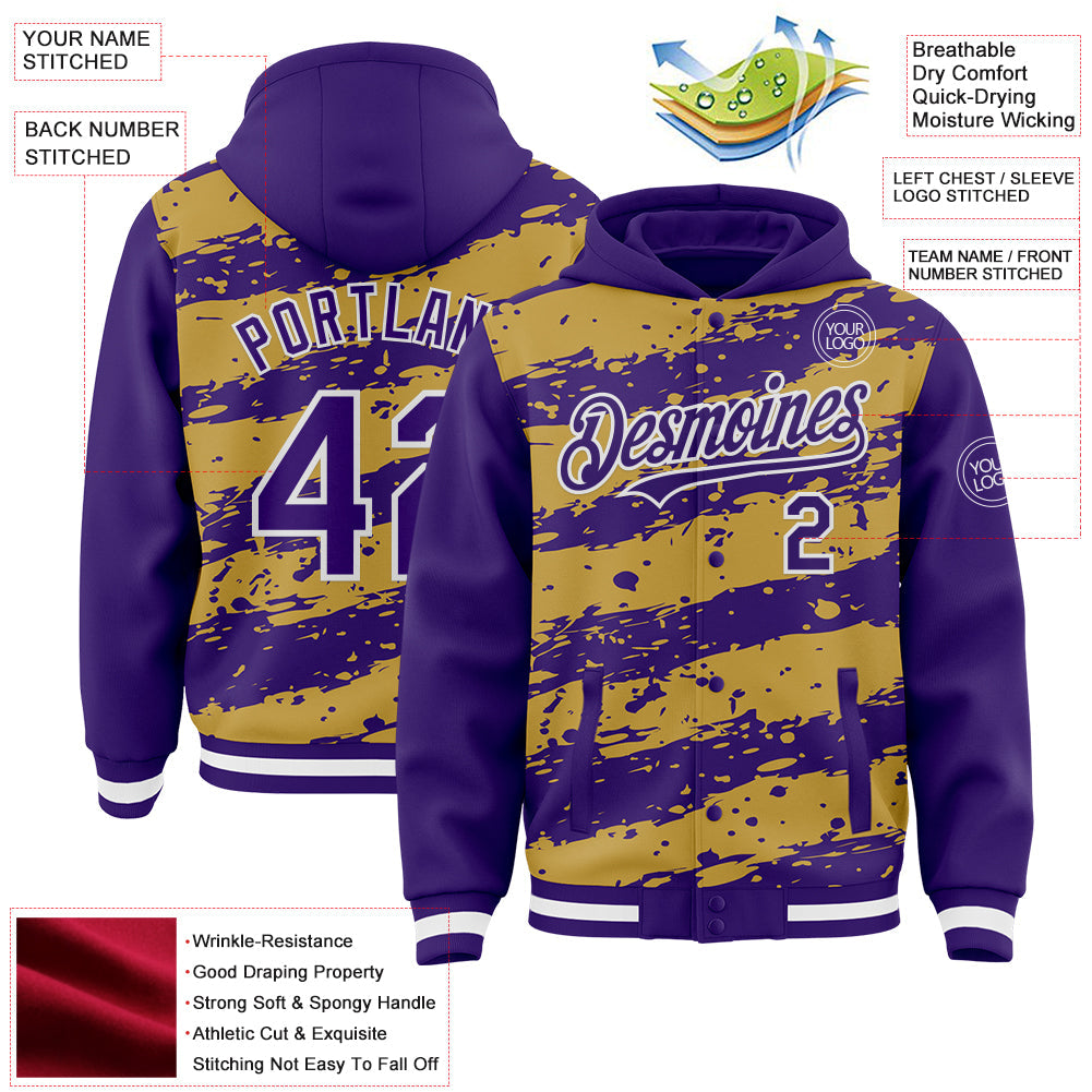 Custom Old Gold Purple-White Splash 3D Pattern Design Bomber Full-Snap Varsity Letterman Hoodie Jacket