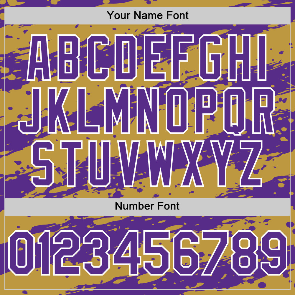 Custom Old Gold Purple-White Splash 3D Pattern Design Bomber Full-Snap Varsity Letterman Hoodie Jacket