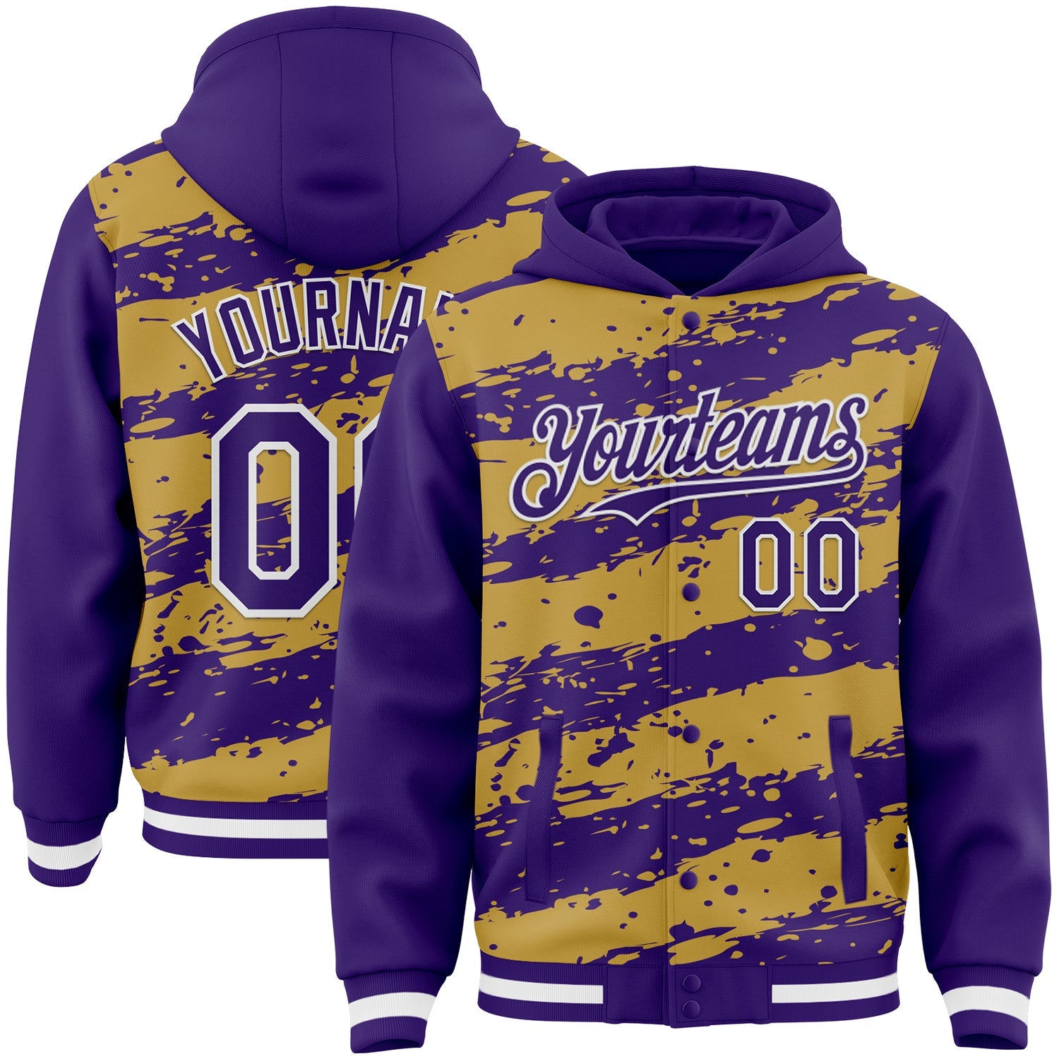 Custom Old Gold Purple-White Splash 3D Pattern Design Bomber Full-Snap Varsity Letterman Hoodie Jacket