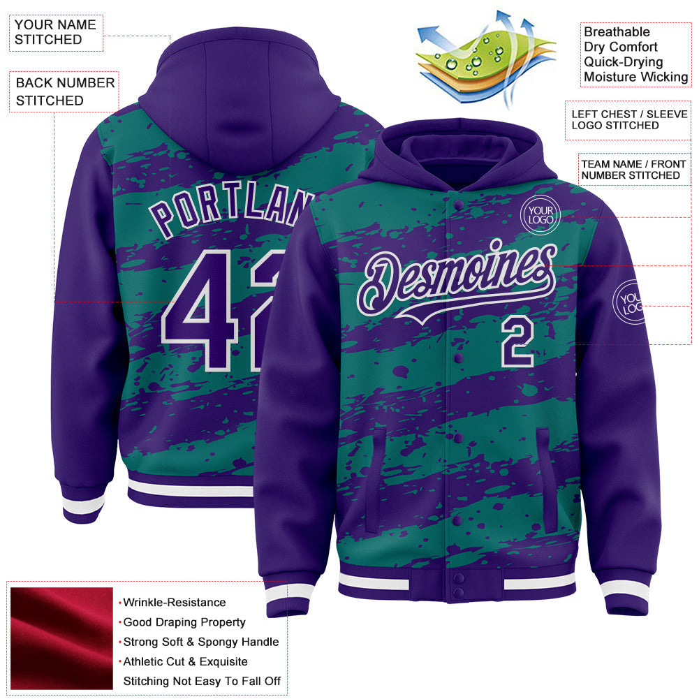 Custom Teal Purple-White Splash 3D Pattern Design Bomber Full-Snap Varsity Letterman Hoodie Jacket