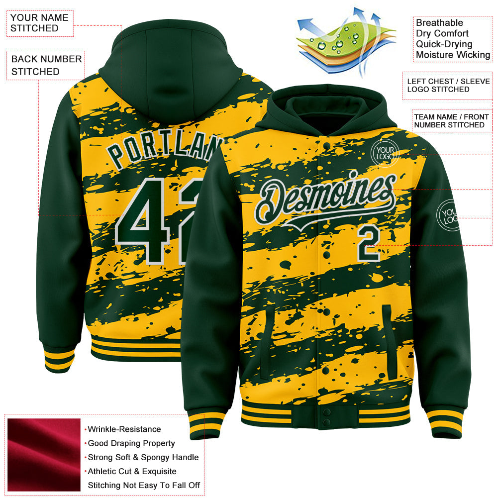 Custom Gold Green-White Splash 3D Pattern Design Bomber Full-Snap Varsity Letterman Hoodie Jacket