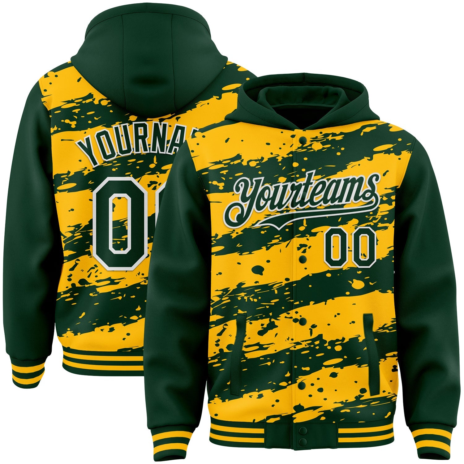 Custom Gold Green-White Splash 3D Pattern Design Bomber Full-Snap Varsity Letterman Hoodie Jacket