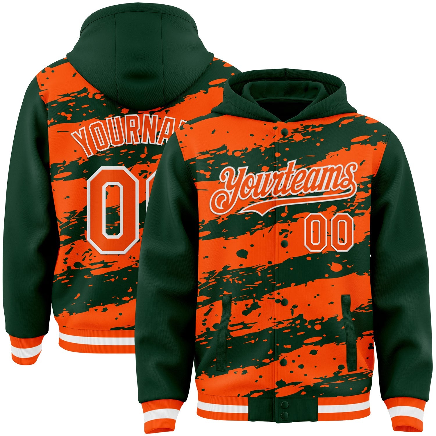 Custom Green Orange-White Splash 3D Pattern Design Bomber Full-Snap Varsity Letterman Hoodie Jacket
