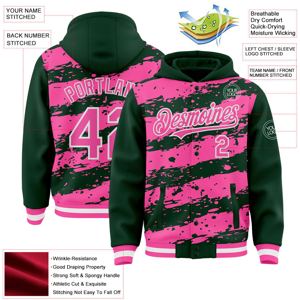 Custom Green Pink-White Splash 3D Pattern Design Bomber Full-Snap Varsity Letterman Hoodie Jacket