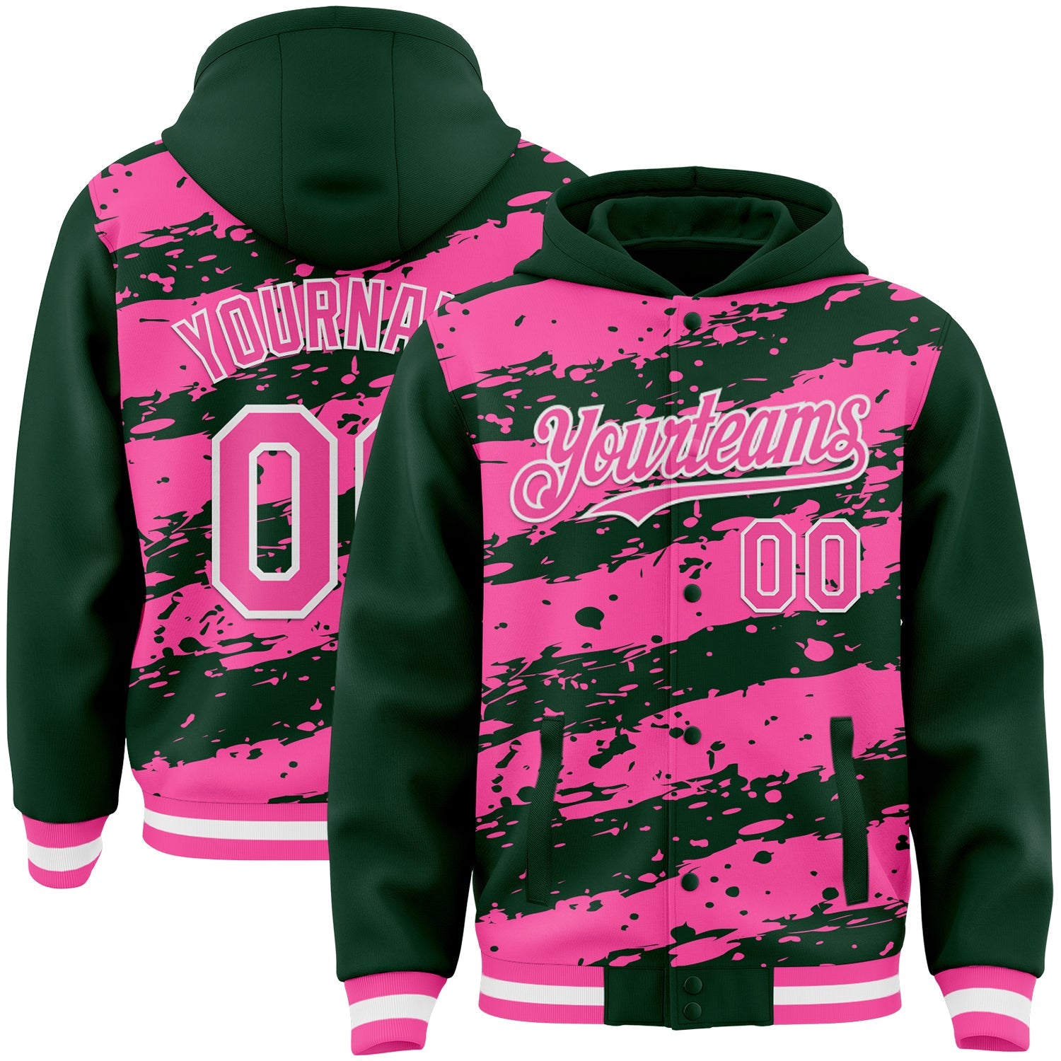 Custom Green Pink-White Splash 3D Pattern Design Bomber Full-Snap Varsity Letterman Hoodie Jacket