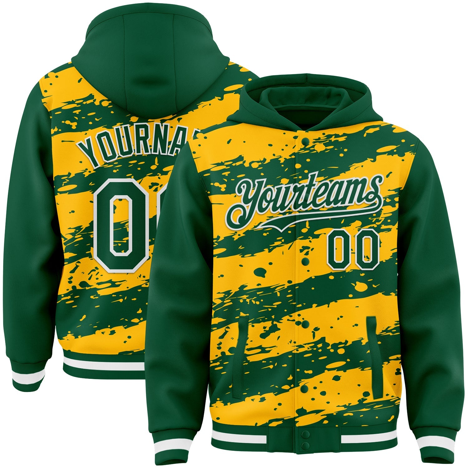 Custom Gold Kelly Green-White Splash 3D Pattern Design Bomber Full-Snap Varsity Letterman Hoodie Jacket