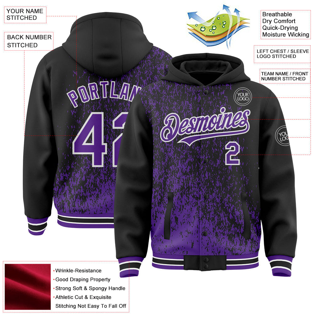 Custom Black Purple-White Abstract Fragment Art 3D Pattern Design Bomber Full-Snap Varsity Letterman Hoodie Jacket