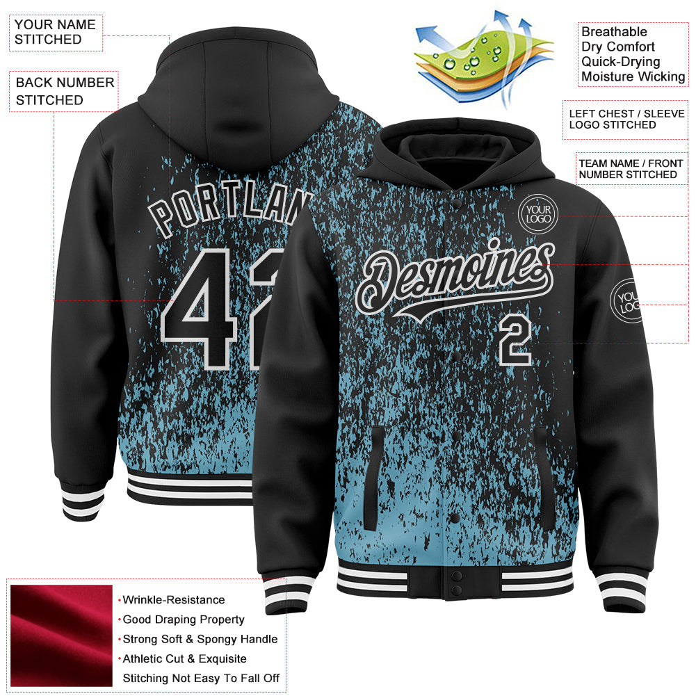 Custom Shadow Blue Black-White Abstract Fragment Art 3D Pattern Design Bomber Full-Snap Varsity Letterman Hoodie Jacket