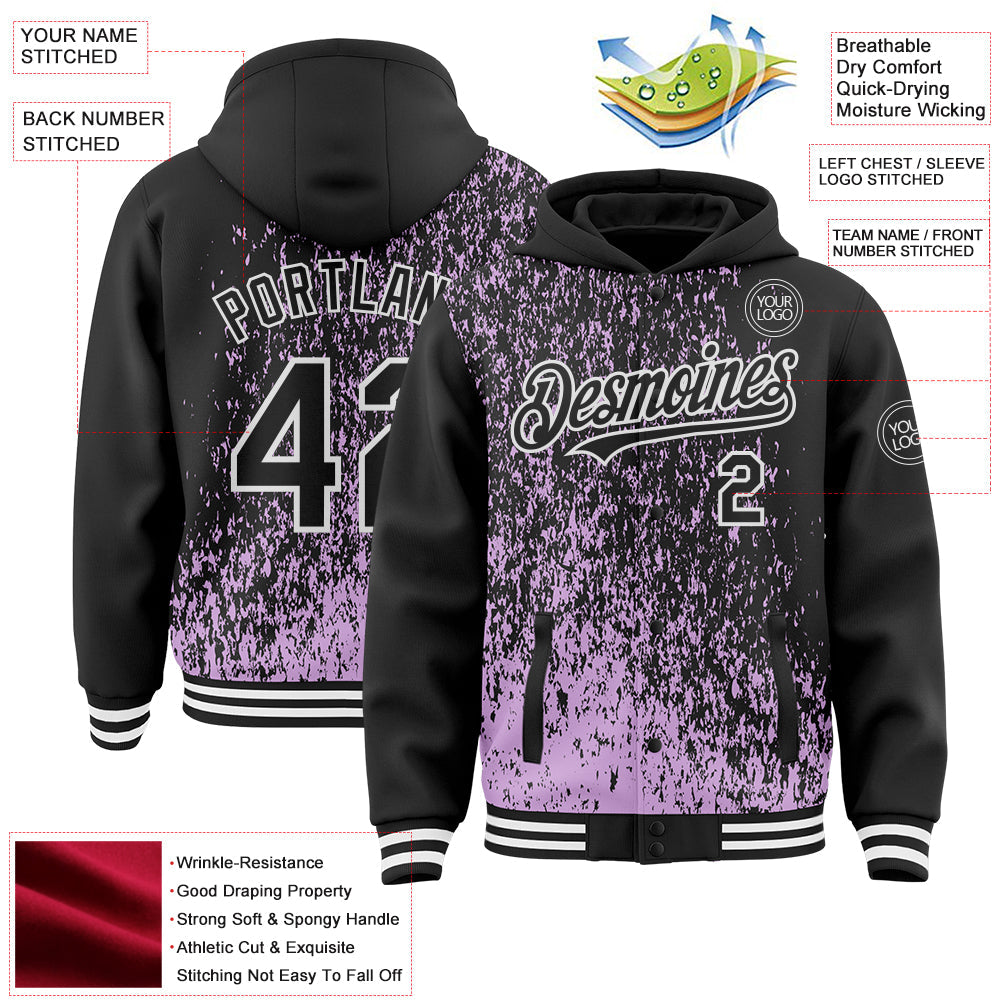 Custom Light Purple Black-White Abstract Fragment Art 3D Pattern Design Bomber Full-Snap Varsity Letterman Hoodie Jacket