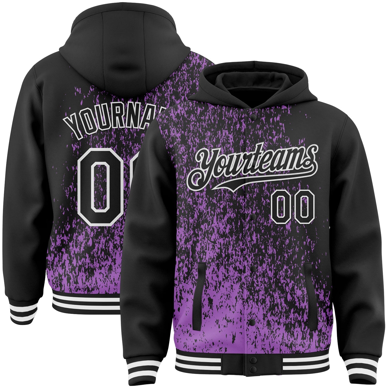 Custom Medium Purple Black-White Abstract Fragment Art 3D Pattern Design Bomber Full-Snap Varsity Letterman Hoodie Jacket