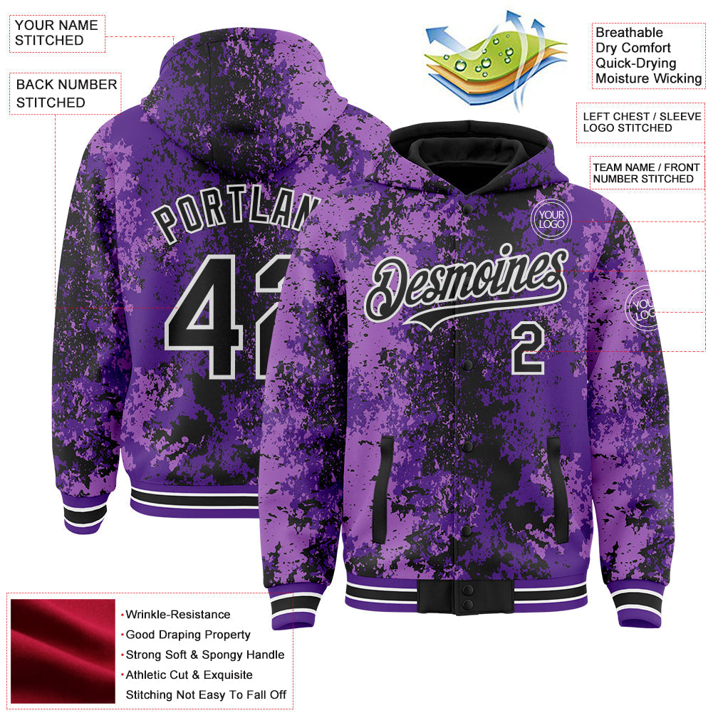 Custom Purple Black-White 3D Pattern Design Bomber Full-Snap Varsity Letterman Hoodie Jacket
