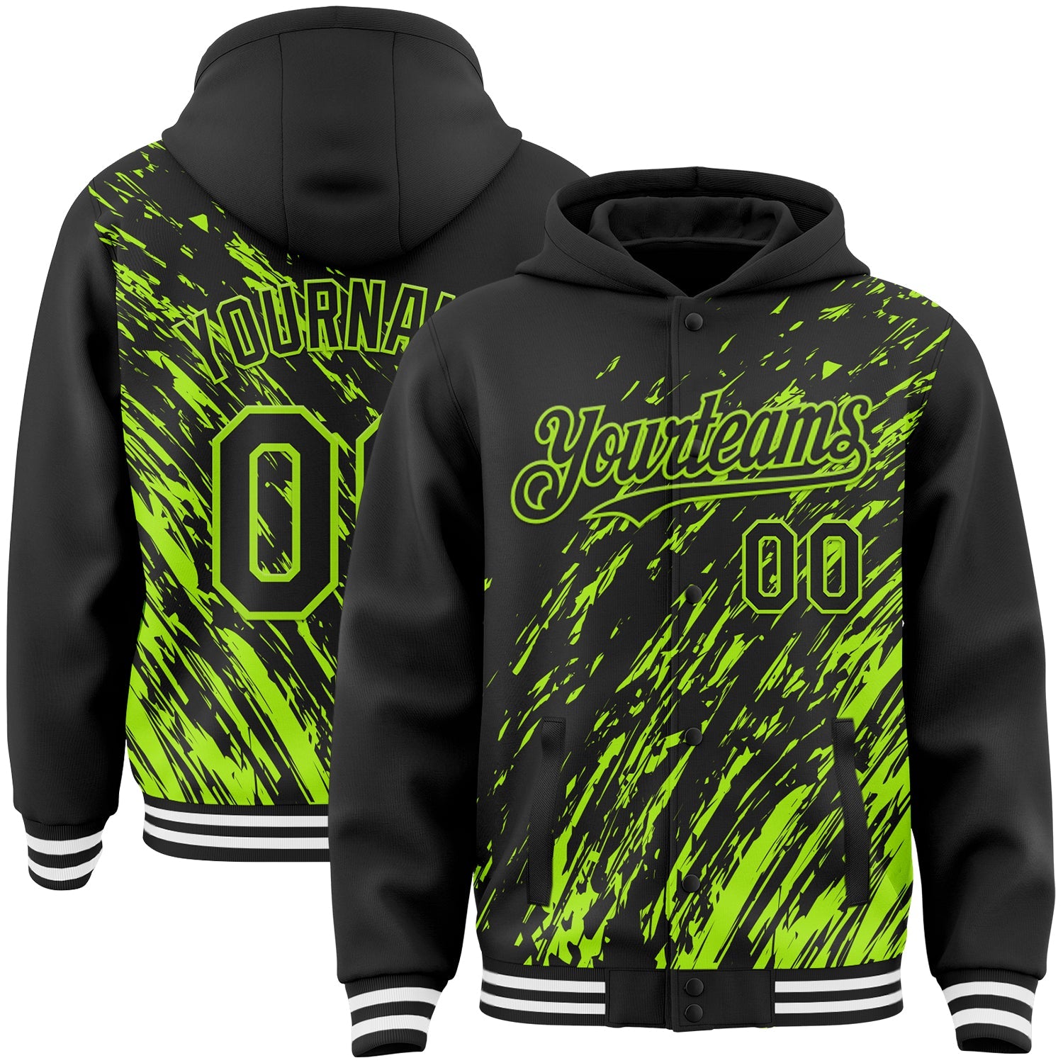 Custom Black Black-Neon Green 3D Pattern Design Bomber Full-Snap Varsity Letterman Hoodie Jacket