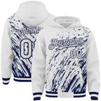 Custom White White-Navy 3D Pattern Design Bomber Full-Snap Varsity Letterman Hoodie Jacket