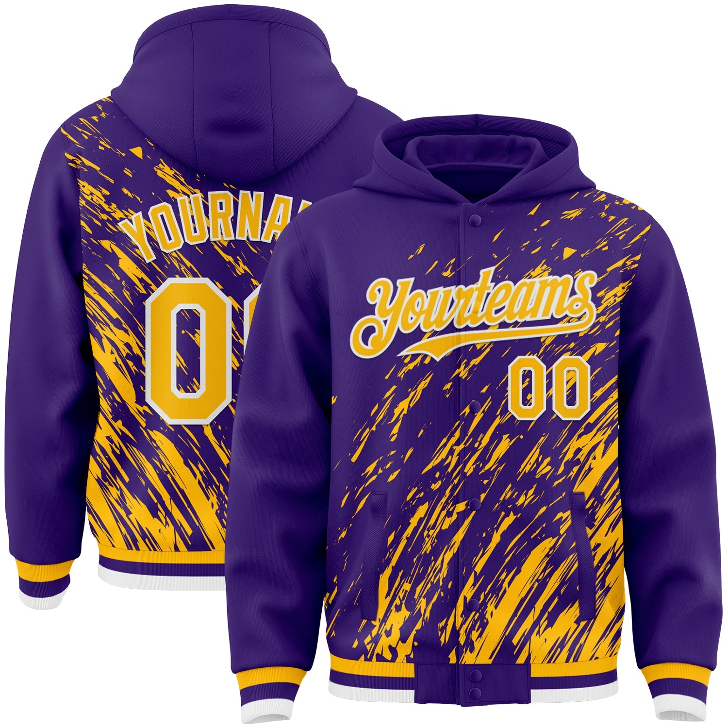 Custom Purple Gold-White 3D Pattern Design Bomber Full-Snap Varsity Letterman Hoodie Jacket