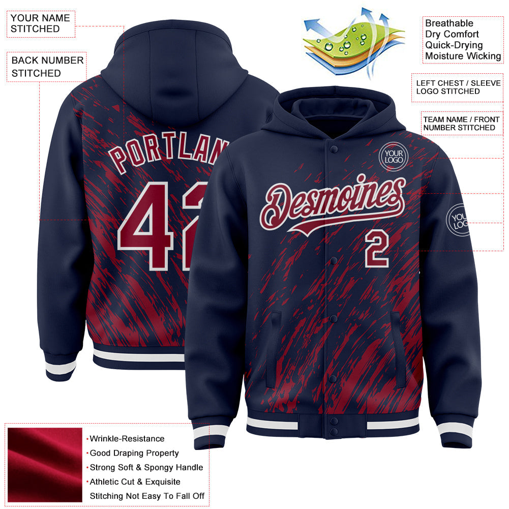 Custom Navy Crimson-White 3D Pattern Design Bomber Full-Snap Varsity Letterman Hoodie Jacket