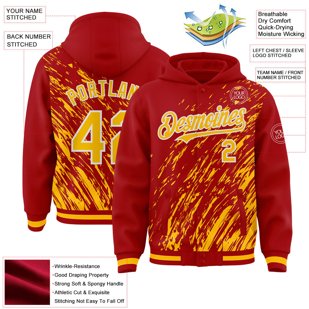 Custom Red Gold-White 3D Pattern Design Bomber Full-Snap Varsity Letterman Hoodie Jacket