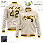 Custom Cream Black-Gold Bomber Full-Snap Varsity Faux Leather Letterman Jacket