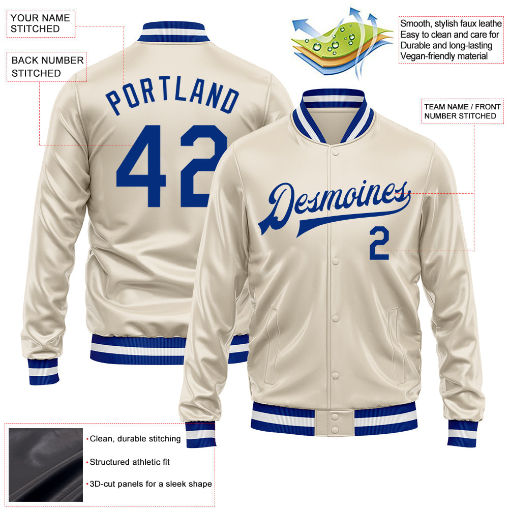 Custom Cream Royal Bomber Full-Snap Varsity Faux Leather Letterman Jacket
