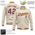 Custom Cream Purple-Gold Bomber Full-Snap Varsity Faux Leather Letterman Jacket