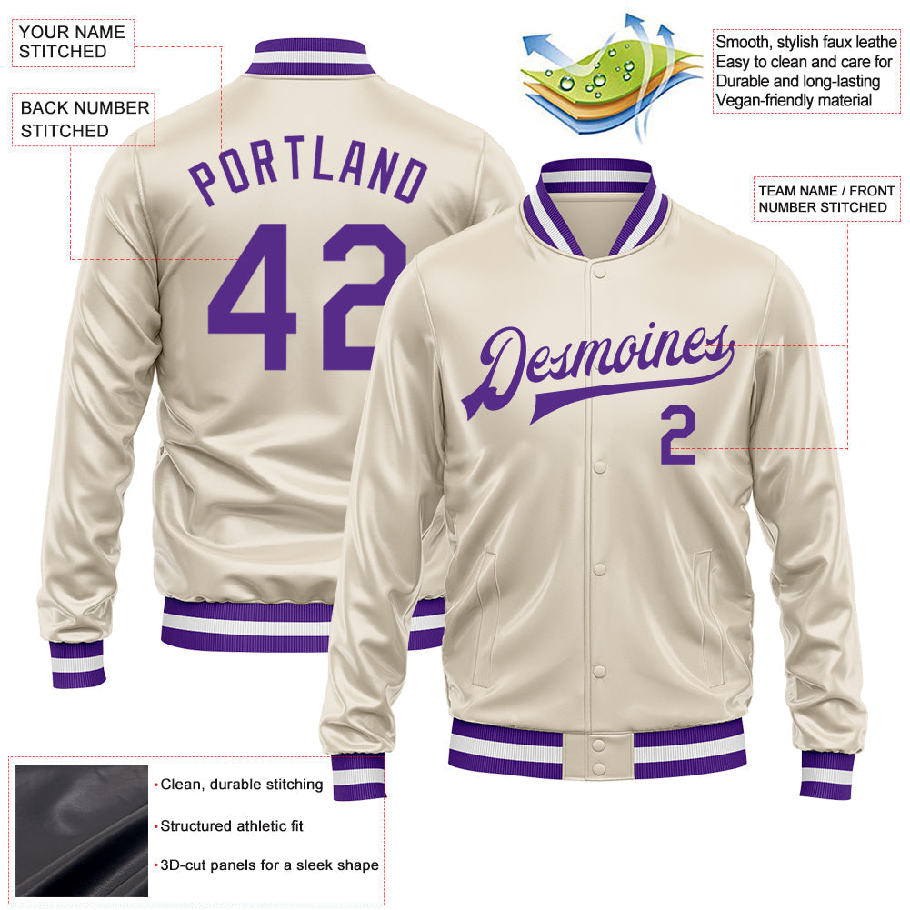 Custom Cream Purple Bomber Full-Snap Varsity Faux Leather Letterman Jacket