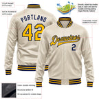 Custom Cream Gold-Navy Bomber Full-Snap Varsity Faux Leather Letterman Jacket