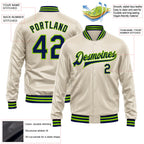 Custom Cream Navy-Neon Green Bomber Full-Snap Varsity Faux Leather Letterman Jacket