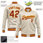 Custom Cream Crimson-Gold Bomber Full-Snap Varsity Faux Leather Letterman Jacket