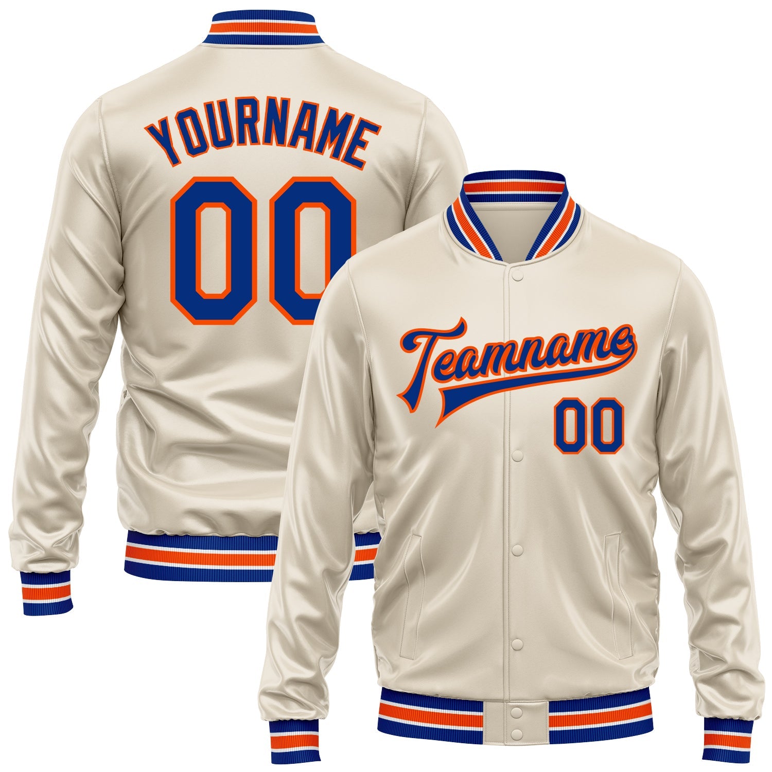 Custom Cream Royal-Orange Bomber Full-Snap Varsity Faux Leather Letterman Jacket