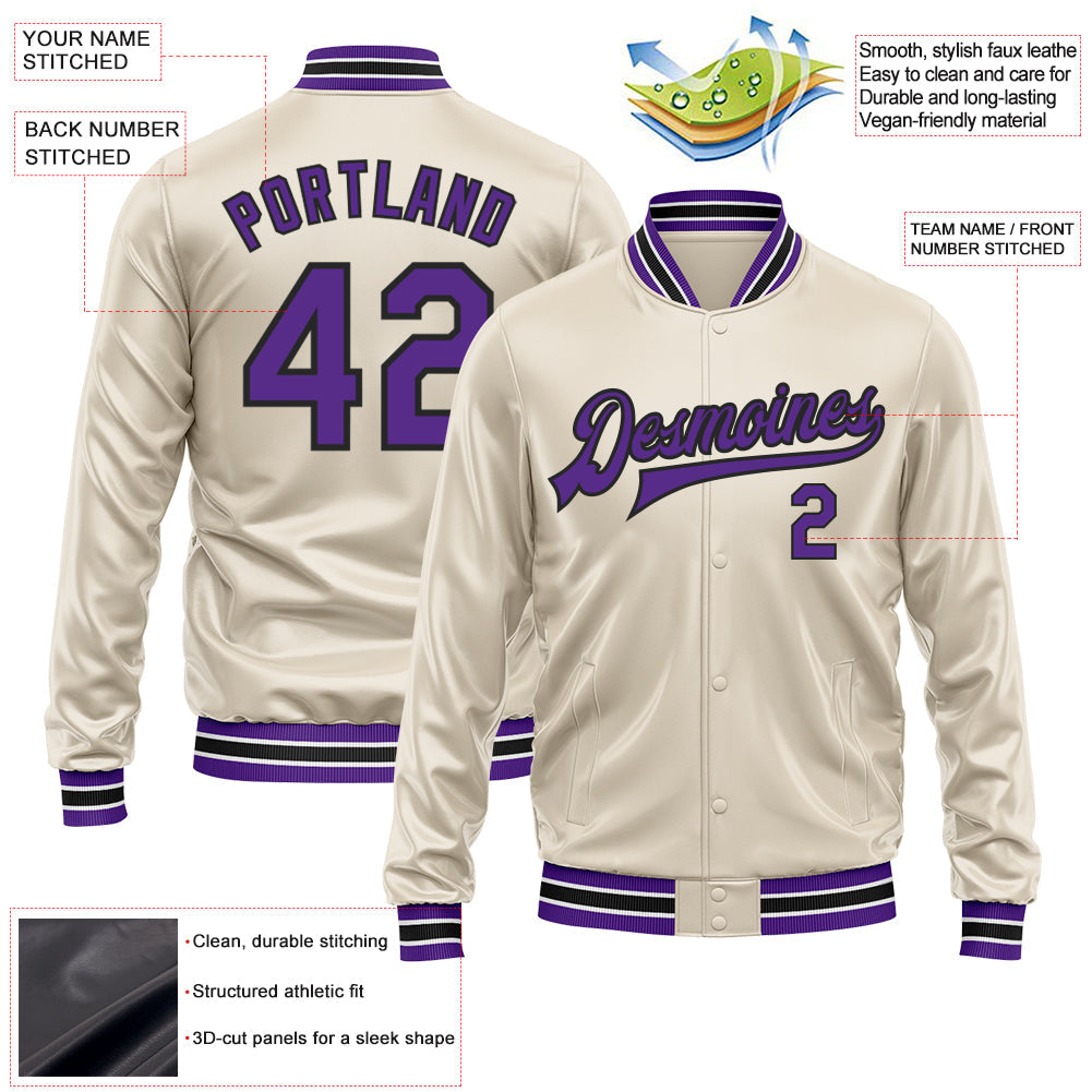 Custom Cream Purple-Black Bomber Full-Snap Varsity Faux Leather Letterman Jacket