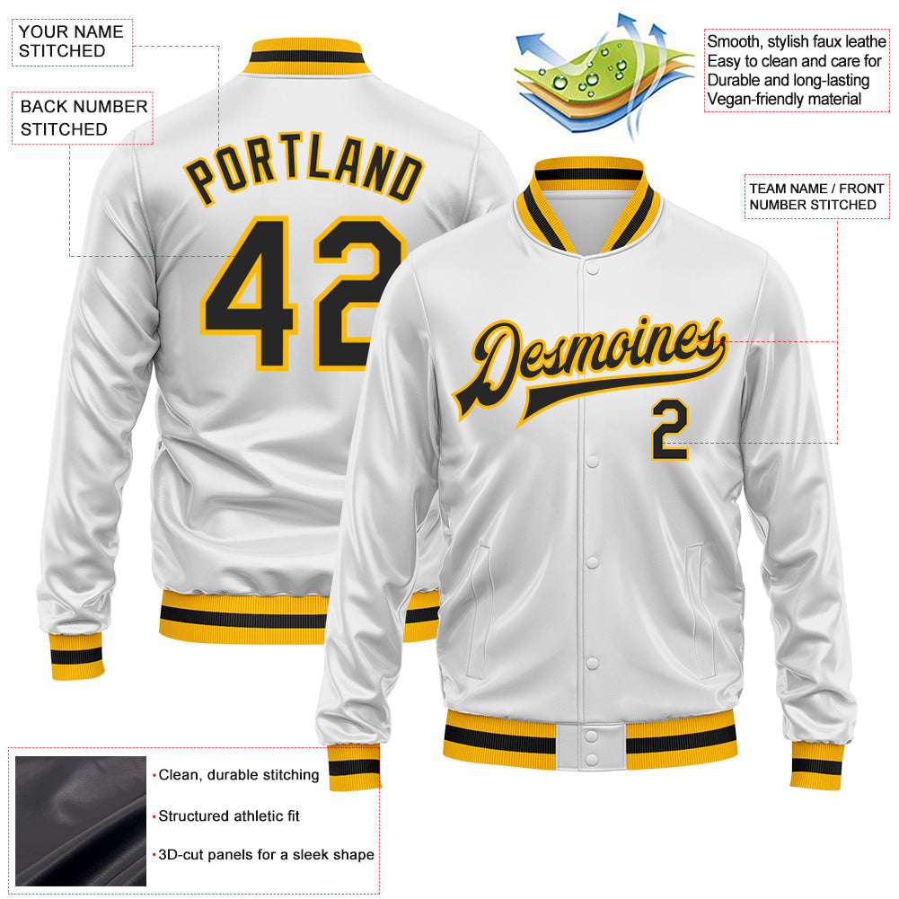 Custom White Black-Gold Bomber Full-Snap Varsity Faux Leather Letterman Jacket