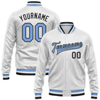 Custom White Light Blue-Black Bomber Full-Snap Varsity Faux Leather Letterman Jacket
