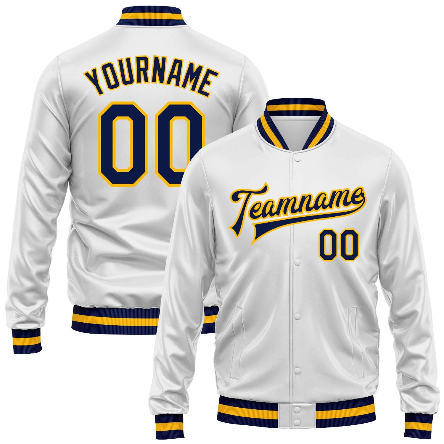 Custom White Navy-Gold Bomber Full-Snap Varsity Faux Leather Letterman Jacket