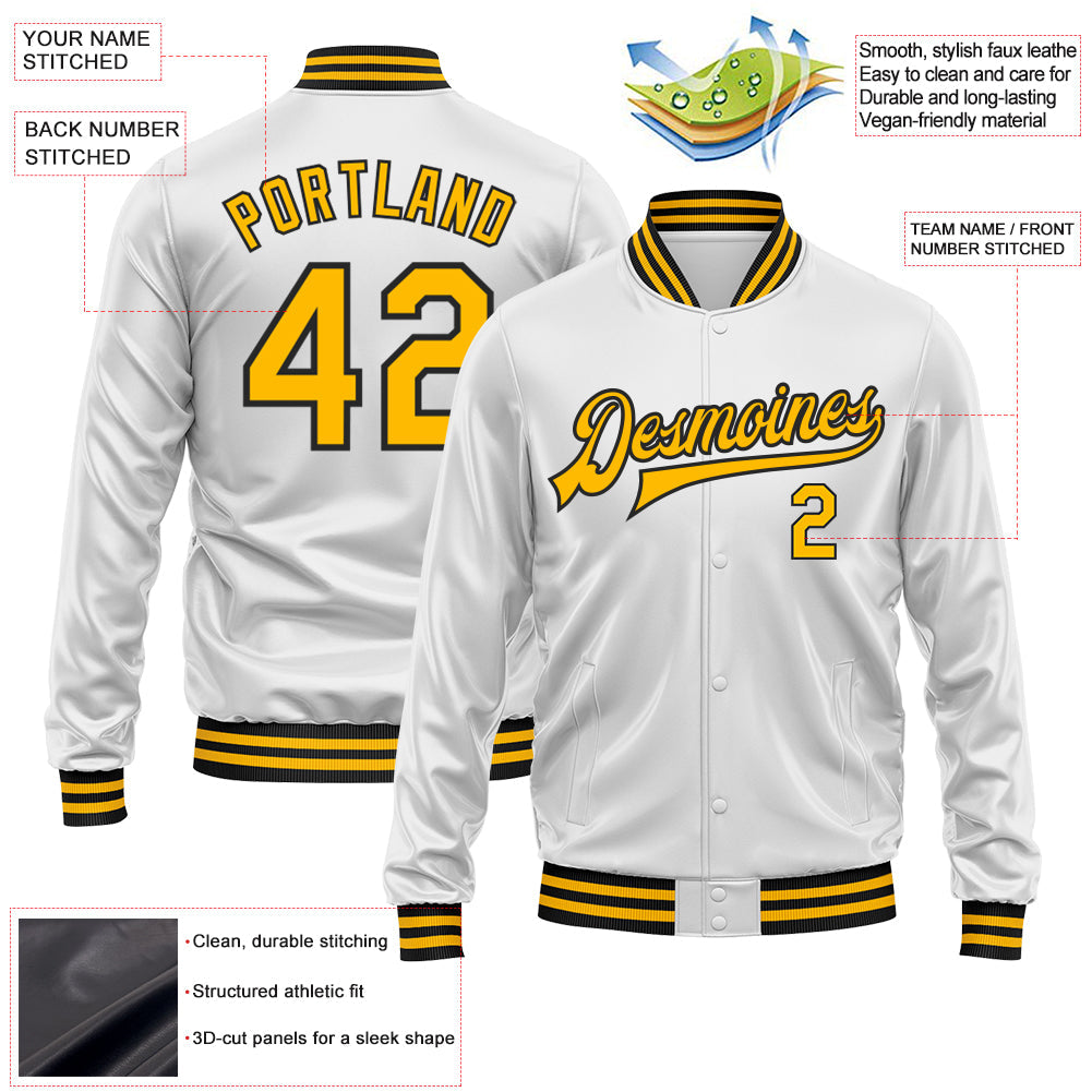 Custom White Gold-Black Bomber Full-Snap Varsity Faux Leather Letterman Jacket