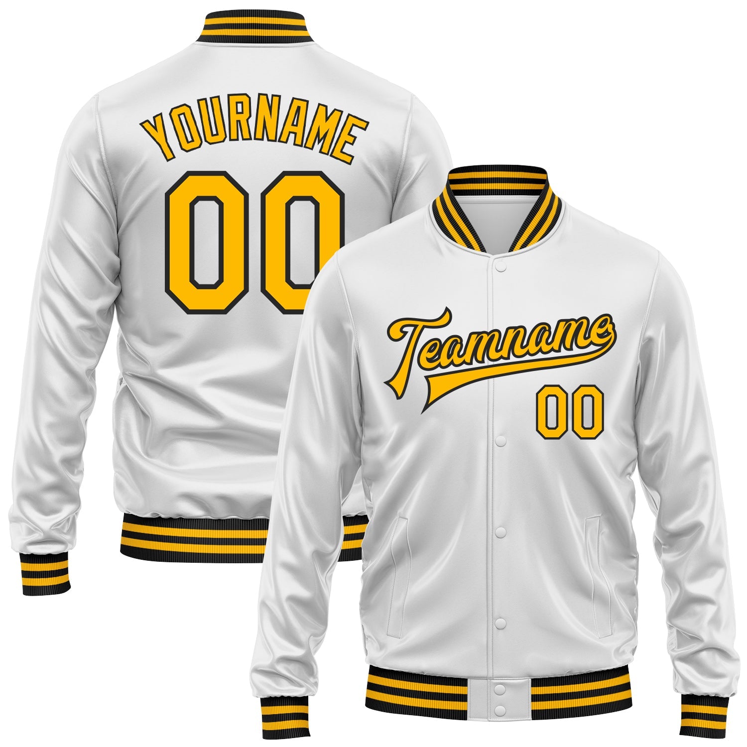 Custom White Gold-Black Bomber Full-Snap Varsity Faux Leather Letterman Jacket