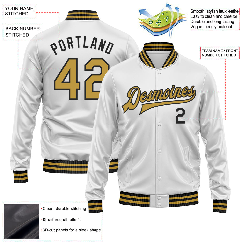 Custom White Old Gold-Black Bomber Full-Snap Varsity Faux Leather Letterman Jacket