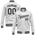 Custom White Black-Gray Bomber Full-Snap Varsity Faux Leather Letterman Jacket