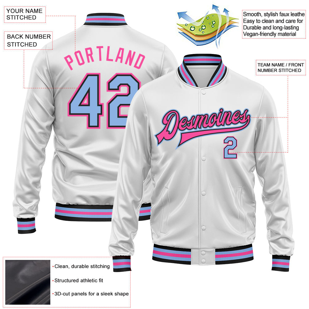 Custom White Light Blue Pink-Black Bomber Full-Snap Varsity Faux Leather Letterman Jacket