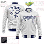 Custom White White-Navy Bomber Full-Snap Varsity Faux Leather Letterman Jacket