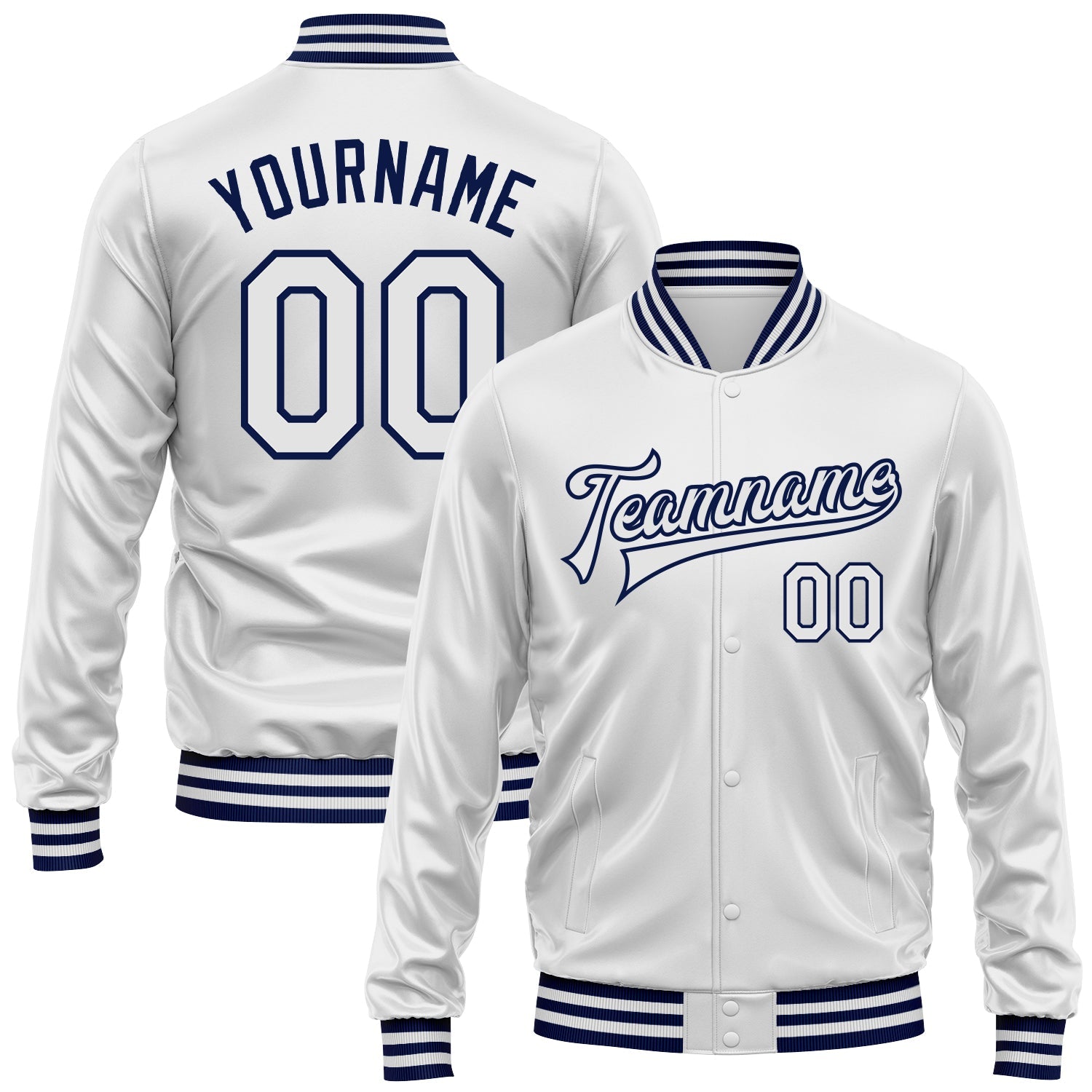 Custom White White-Navy Bomber Full-Snap Varsity Faux Leather Letterman Jacket
